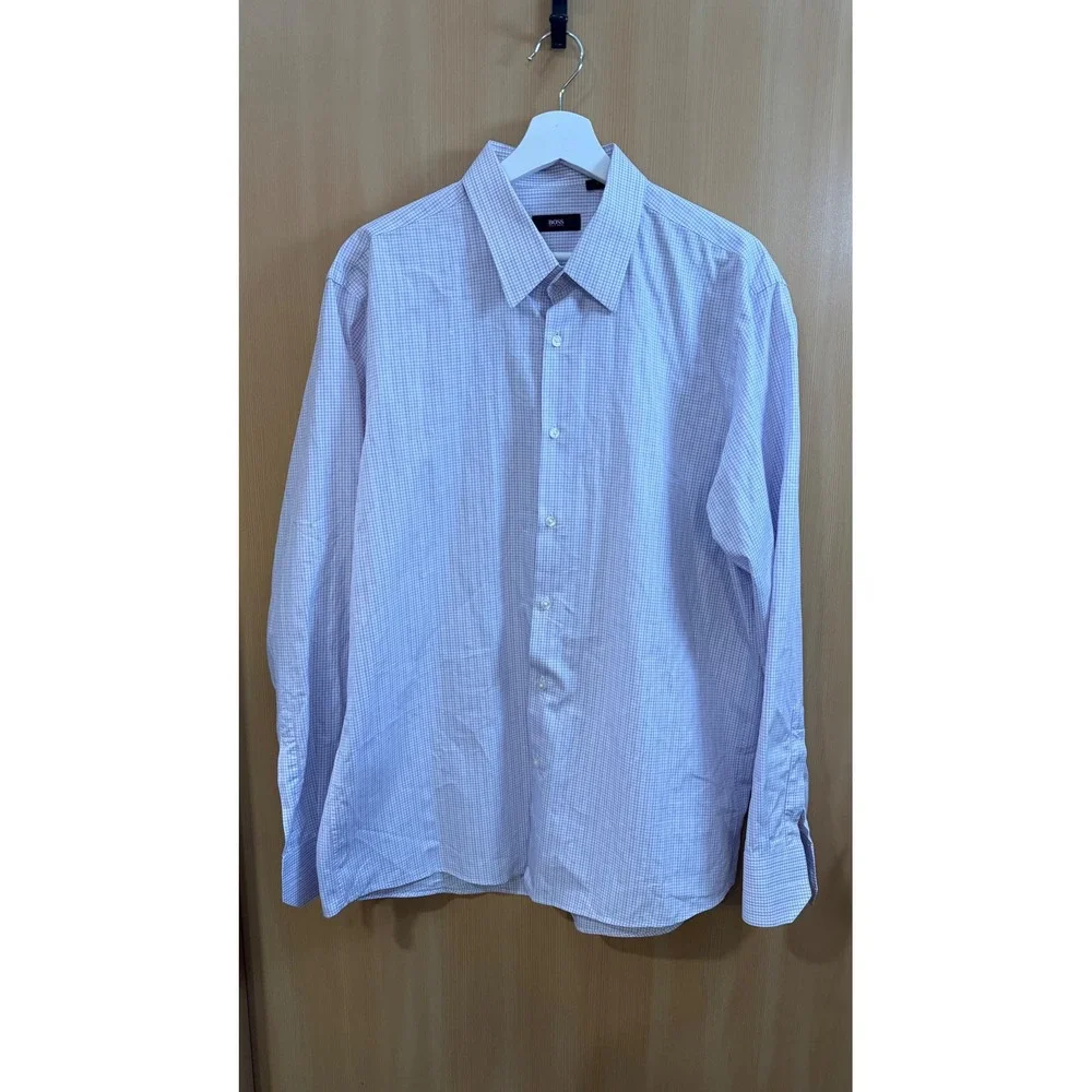 Hugo Boss Mens Purple White Micro Check Button Down Shirt 17.5 34/35 Long Sleeve